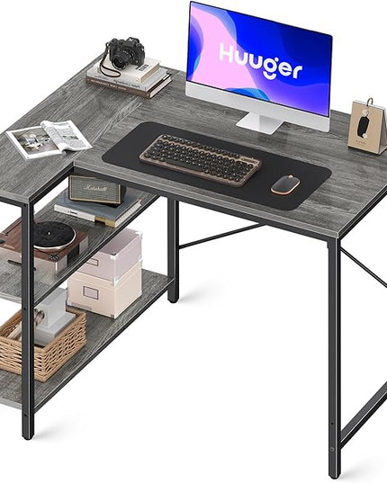 L Shaped Desk, 39 Inches Computer Desk with Reversible Storage Shelves, Gaming Desk, Corner Desk Home Office Desks, Writing Desk Study Desk with Metal Frame, Gray - LeafyLoom