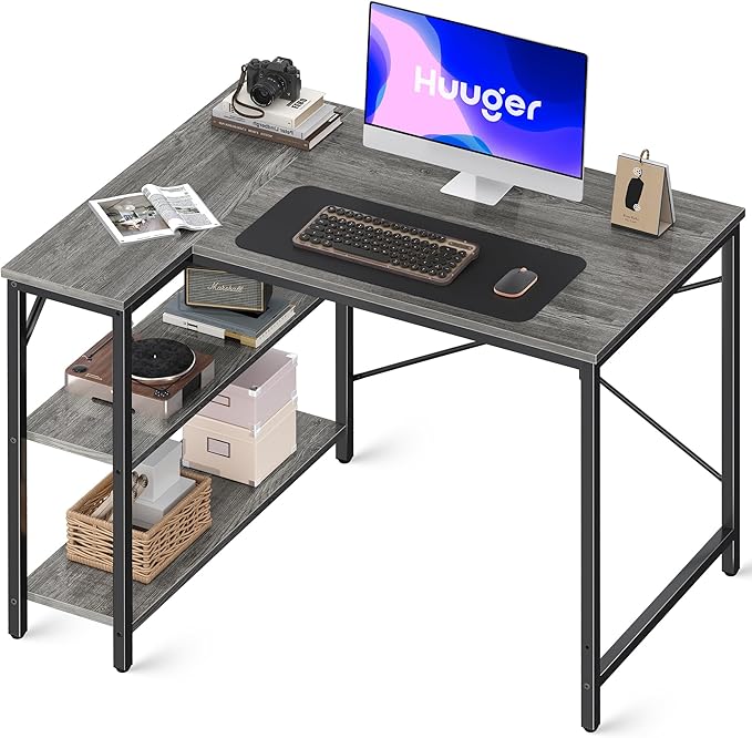 L Shaped Desk, 39 Inches Computer Desk with Reversible Storage Shelves, Gaming Desk, Corner Desk Home Office Desks, Writing Desk Study Desk with Metal Frame, Gray - LeafyLoom