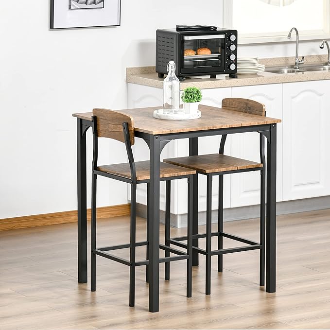 NicBex Kitchen Table for 2 Dining Room Set 3 Piece Bar Table Set, Industrial Counter Height Dining Table Set, Bar Table & Chairs with Steel Legs & Footrests, Rustic Brown - LeafyLoom