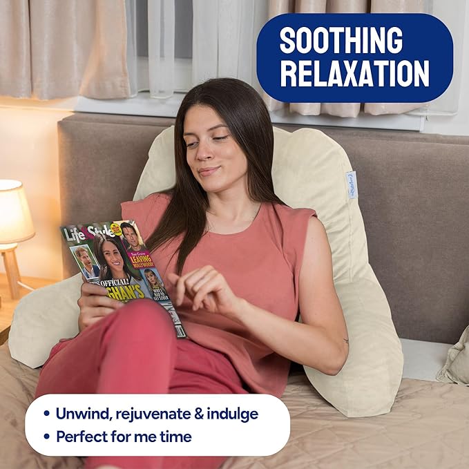 ComfortSpa Reading Pillow for Bed Adult Size, Back Rest Pillow with Arms, Pockets and Washable Cover; Use as a Back Pillow for Sitting in Bed for Bedrest or Relief from GERD Heartburn (Cream) - LeafyLoom