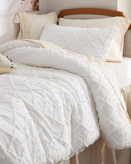 Bedsure Twin/Twin XL Comforter Set - White Boho Twin Extra Long Comforter Set for College, Shabby Chic Dorm Bedding Set, 2 Pieces Modern Farmhouse Bed Set, includes 1 Pillow Sham - LeafyLoom
