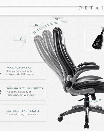 COLAMY Leather Executive Office Chair- High Back Home Computer Desk Chair with Padded Flip-up Arms, Adjustable Tilt Lock, Swivel Rolling Ergonomic Chair for Adult Working Study, Black - LeafyLoom