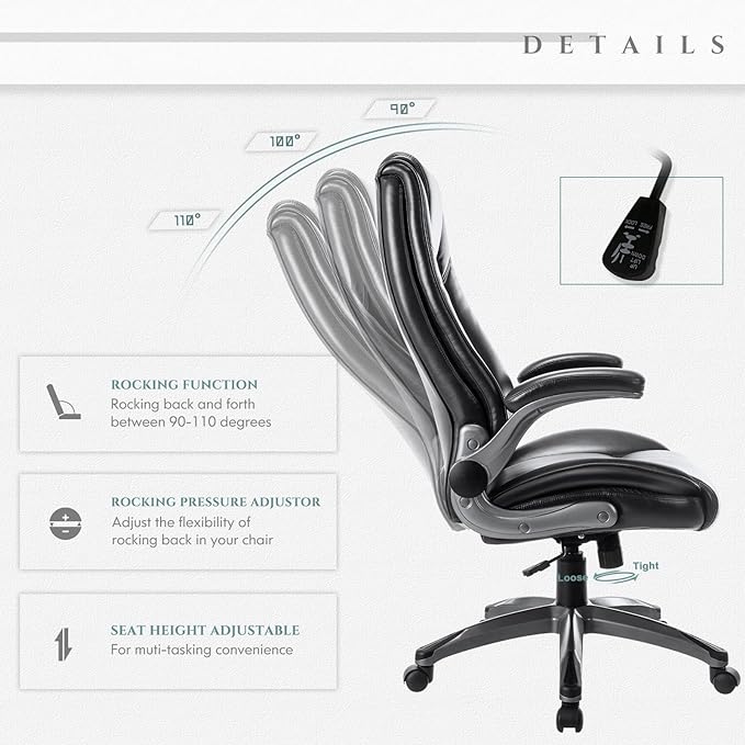 COLAMY Leather Executive Office Chair- High Back Home Computer Desk Chair with Padded Flip-up Arms, Adjustable Tilt Lock, Swivel Rolling Ergonomic Chair for Adult Working Study, Black - LeafyLoom