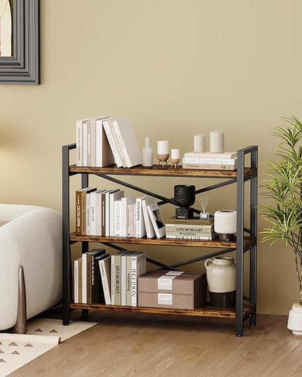 3 Tier Bookshelf 31.49" Width, Wood and Metal Etagere Bookcase, Vintage Farmhouse Modern Wooden Big Book Shelf for Home Living Room Bedroom Office Storage(Rustic Brown) - LeafyLoom