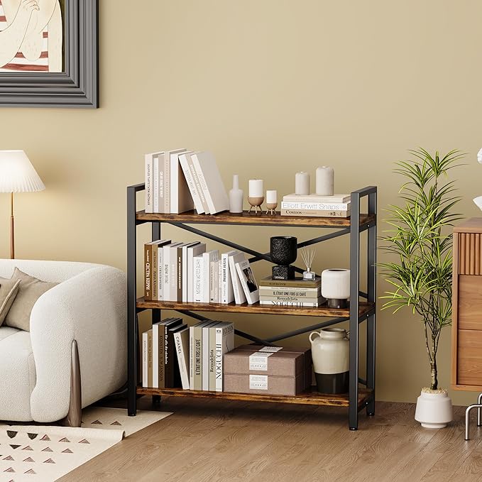 3 Tier Bookshelf 31.49" Width, Wood and Metal Etagere Bookcase, Vintage Farmhouse Modern Wooden Big Book Shelf for Home Living Room Bedroom Office Storage(Rustic Brown) - LeafyLoom