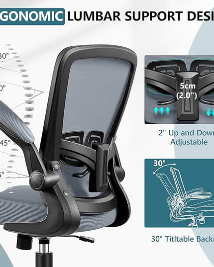 MINLOVE Office Chair Ergonomic Desk Chair with Adjustable Lumbar Support and Height, 90° Flip-up Armrests, Ergo Desk Chairs with Wheels, 360° Swivel Mesh Chair, Home Work Use (Dark Gray) - LeafyLoom