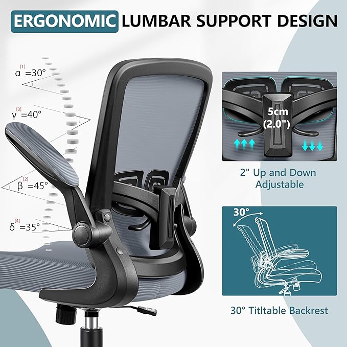 MINLOVE Office Chair Ergonomic Desk Chair with Adjustable Lumbar Support and Height, 90° Flip-up Armrests, Ergo Desk Chairs with Wheels, 360° Swivel Mesh Chair, Home Work Use (Dark Gray) - LeafyLoom