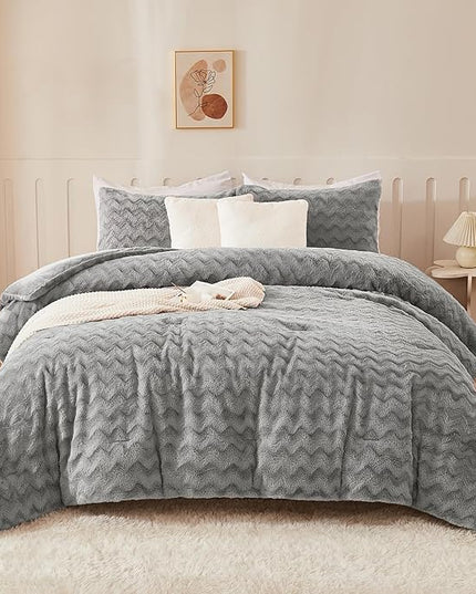 Andency Grey Fleece Comforter Set King, 3 Pieces Fuzzy Fluffy Faux Fur Bedding Comforter, Plush Shaggy Sherpa Bed Set for Winter (104x90Inch Comforter) - LeafyLoom