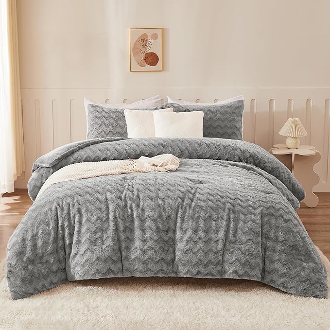 Andency Grey Fleece Comforter Set King, 3 Pieces Fuzzy Fluffy Faux Fur Bedding Comforter, Plush Shaggy Sherpa Bed Set for Winter (104x90Inch Comforter) - LeafyLoom
