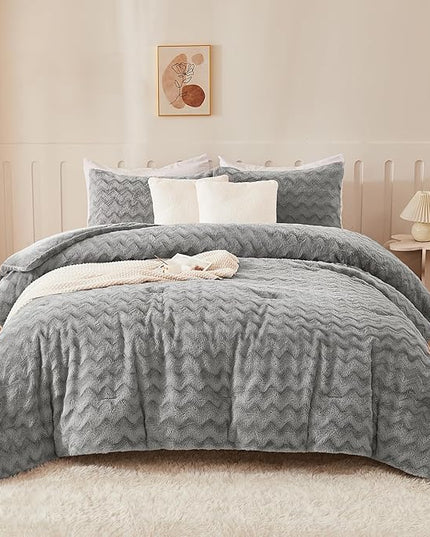 Andency Grey Fleece Comforter Set Queen Size, 3 Pieces Fuzzy Fluffy Faux Fur Bedding Comforter Set for Queen Bed, Warm Plush Shaggy Sherpa Bed Set for Women Man - LeafyLoom