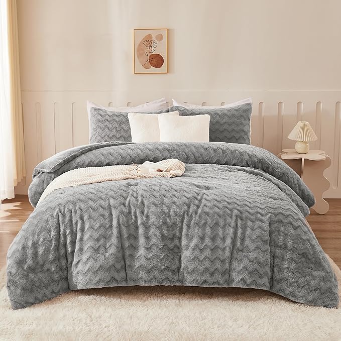 Andency Grey Fleece Comforter Set Queen Size, 3 Pieces Fuzzy Fluffy Faux Fur Bedding Comforter Set for Queen Bed, Warm Plush Shaggy Sherpa Bed Set for Women Man - LeafyLoom