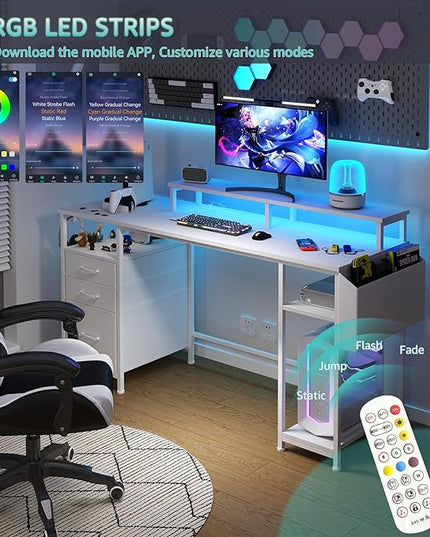 Lufeiya White Computer Desk with File Drawers Cabinet, 55 Inch Home Office Desk with Monitor Stand Shelves, Writing Study Gaming Desks with Led Light Power Outlets for Bedroom, White - LeafyLoom