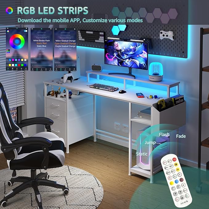 Lufeiya White Computer Desk with File Drawers Cabinet, 55 Inch Home Office Desk with Monitor Stand Shelves, Writing Study Gaming Desks with Led Light Power Outlets for Bedroom, White - LeafyLoom