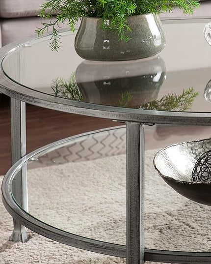 SEI Furniture Jaymes Metal & Glass Round 2-Tier Coffee Table, Silver/Black Distressing - LeafyLoom