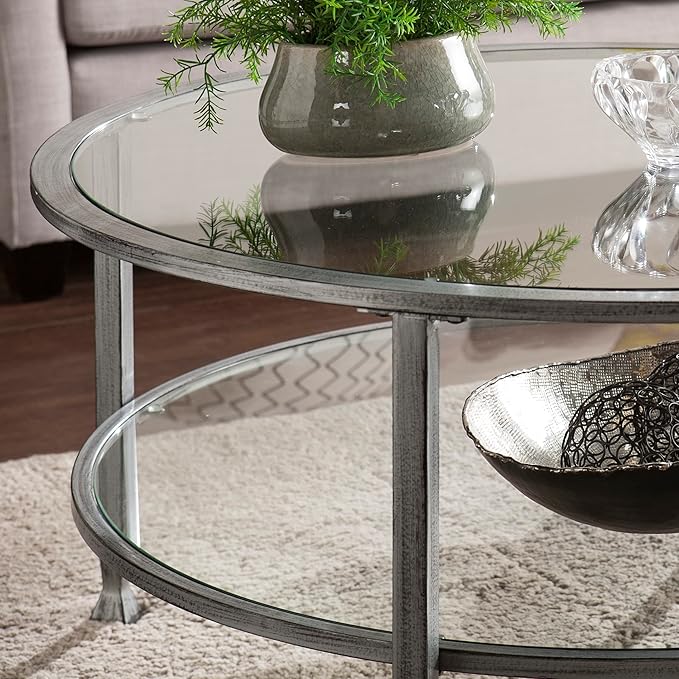 SEI Furniture Jaymes Metal & Glass Round 2-Tier Coffee Table, Silver/Black Distressing - LeafyLoom
