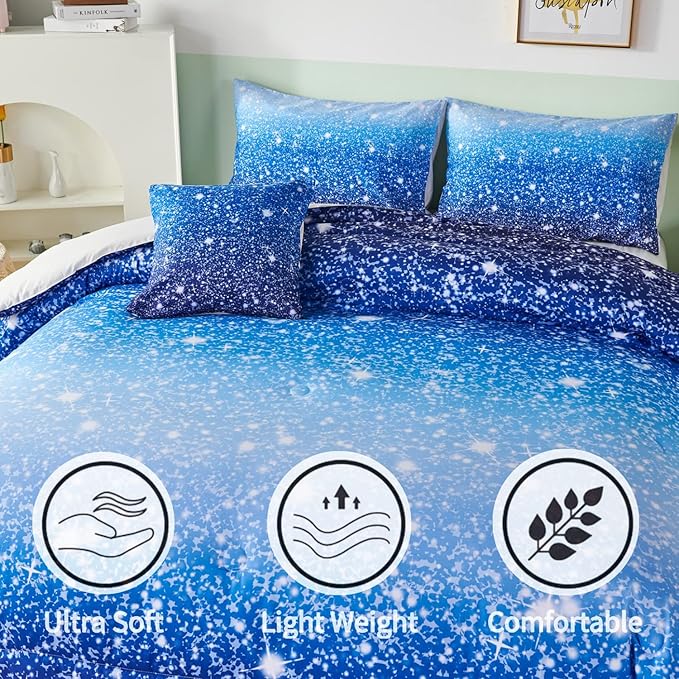 RYNGHIPY 6Pcs Gradient Aqua Blue Navy Ombre Comforter Sets with Sheets Pillowcases, Full Size Sparkle Glitter Design Comforter Bedding Collections for Kids Boys and Girls - LeafyLoom