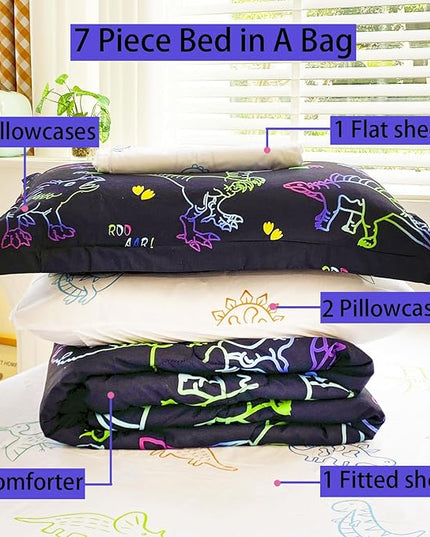 7 Piece Dinosaur Comforter Set -Twin Size for Boys 3D Print Sketch Dinosaur Bedding Set Bed in A Bag for Kids Teens Rainbow-Colored Gradient Line Animal Comforter - LeafyLoom