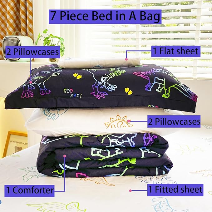 7 Piece Dinosaur Comforter Set -Twin Size for Boys 3D Print Sketch Dinosaur Bedding Set Bed in A Bag for Kids Teens Rainbow-Colored Gradient Line Animal Comforter - LeafyLoom