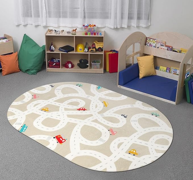 Small Kids Rug for Kids Room, 3'x5' Washable Road Rug for Baby Nursery, Non-Slip Car Rug for Playroom, Tan Traffic Play Mat Soft Fun Rugs for Boys Girls Dorm Toy Room Tent - LeafyLoom