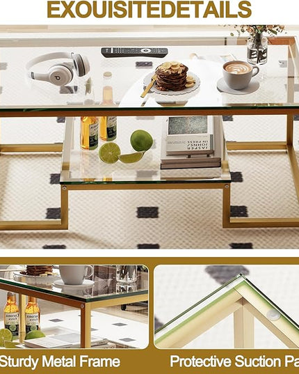 Coffee Table Gold Glass Coffee Table for Living Room,2 Tiers Rectangle Center Table with Sturdy Metal Frame,Modern Tempered Glass Accent Table for Bedroom Home Office - LeafyLoom