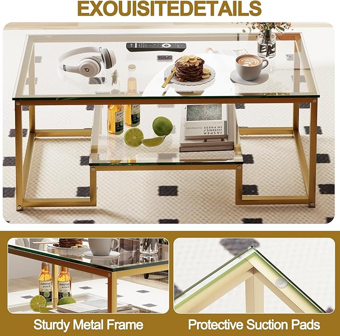 Coffee Table Gold Glass Coffee Table for Living Room,2 Tiers Rectangle Center Table with Sturdy Metal Frame,Modern Tempered Glass Accent Table for Bedroom Home Office - LeafyLoom