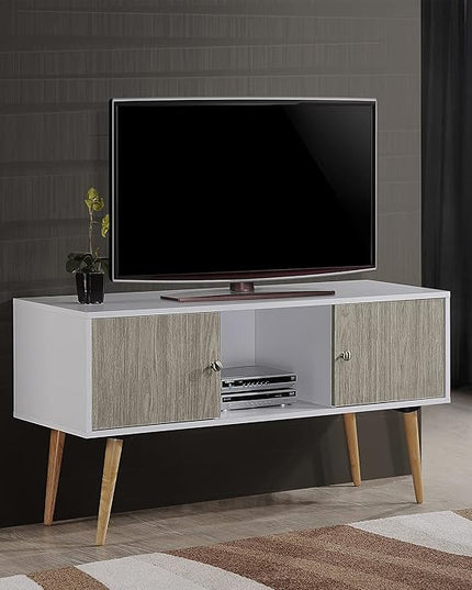 Hodedah Retro Style TV Stand with Two Storage Doors, and Solid Wood Legs, White - LeafyLoom