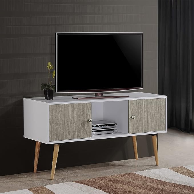 Hodedah Retro Style TV Stand with Two Storage Doors, and Solid Wood Legs, White - LeafyLoom