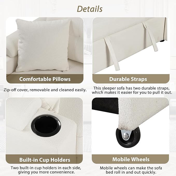 Boucle Upholstered Reversible Sleeper Sectional Sofa with Pull Out Bed , 3 Seater L Shaped Convertible Corner Couch with Cupholders&USB Ports, Power Sockets, Small Pullout Sofabed for Living Room - LeafyLoom