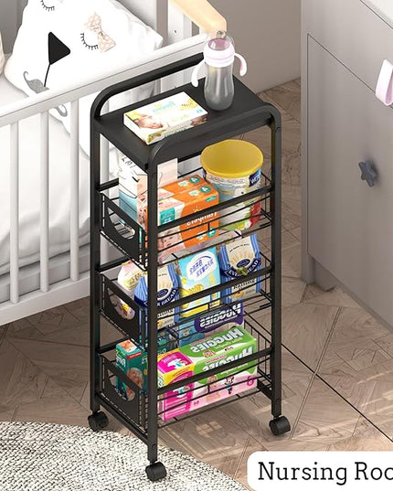 Slim Rolling Storage Cart Small Narrow Kitchen Metal Storage Cart with Lockable Wheels Slim Laundry Bathroom Storage Cart with Wooden top for Kitchen Laundry Narrow Places with Pull-Out Basket Black - LeafyLoom