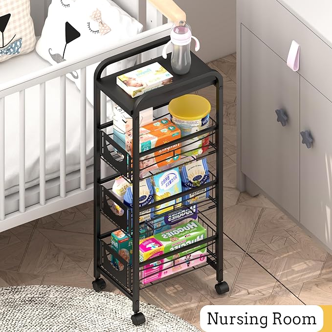 Slim Rolling Storage Cart Small Narrow Kitchen Metal Storage Cart with Lockable Wheels Slim Laundry Bathroom Storage Cart with Wooden top for Kitchen Laundry Narrow Places with Pull-Out Basket Black - LeafyLoom