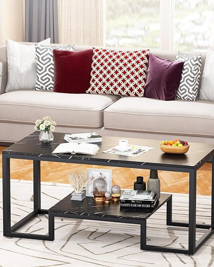 Coffee Table Black Table for Living Room,2 Tiers Rectangle Center Table with Sturdy Metal Frame,Modern Black Faux Marble Coffee Table for Bedroom Home Office - LeafyLoom