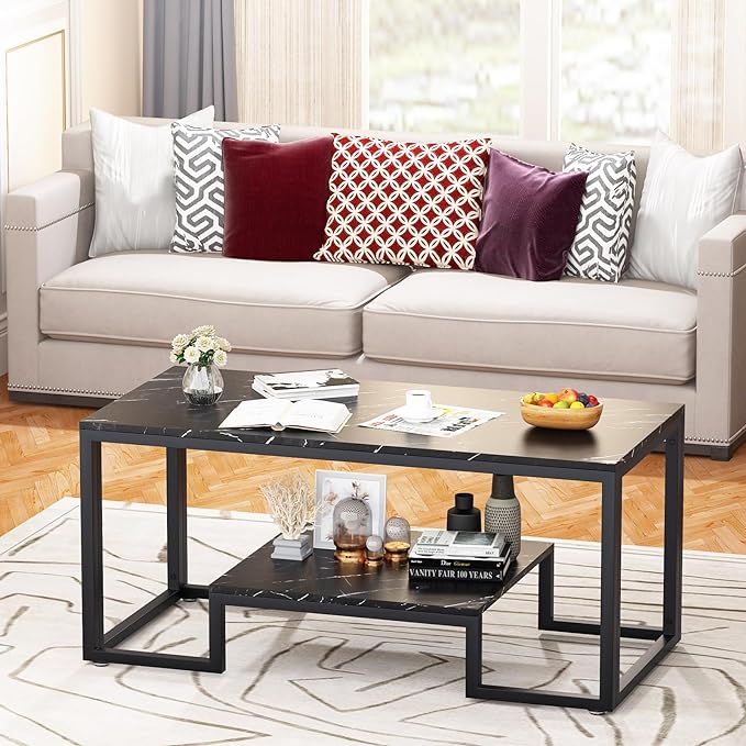 Coffee Table Black Table for Living Room,2 Tiers Rectangle Center Table with Sturdy Metal Frame,Modern Black Faux Marble Coffee Table for Bedroom Home Office - LeafyLoom