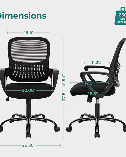 SMUG Office Computer Desk Ergonomic Mid-Back Mesh Rolling Work Swivel Task Chairs with Wheels, Comfortable Lumbar Support, Comfy Arms for Home, Bedroom, Study, Dorm, Student, Adults, Black - LeafyLoom