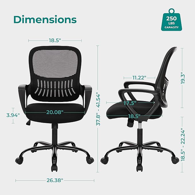 SMUG Office Computer Desk Ergonomic Mid-Back Mesh Rolling Work Swivel Task Chairs with Wheels, Comfortable Lumbar Support, Comfy Arms for Home, Bedroom, Study, Dorm, Student, Adults, Black - LeafyLoom