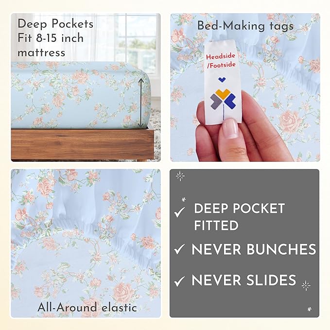California Design Den Floral Sheets for Twin-XL Size Bed, 100% Cotton Sheets Set, Luxury 400 Thread Count Sateen (Antique Rose) - LeafyLoom