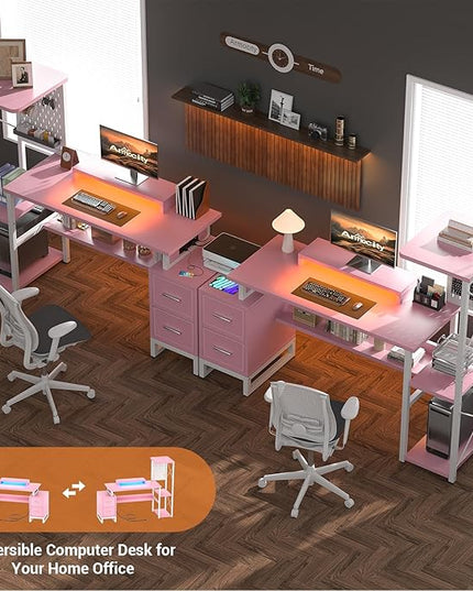 Computer Desk with 2 Fabric Drawers - Reversible Home Office Desk with Power Outlet & LED Lights, 53" Writing Desk with Monitor Stand & Storage Shelves, Gaming Desk Study Table with Pegboard, Pink - LeafyLoom