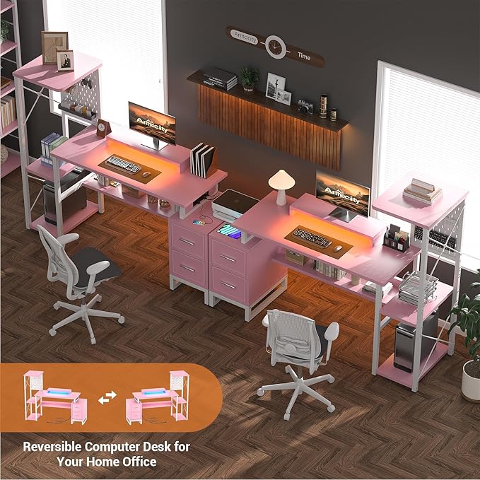 Computer Desk with 2 Fabric Drawers - Reversible Home Office Desk with Power Outlet & LED Lights, 53" Writing Desk with Monitor Stand & Storage Shelves, Gaming Desk Study Table with Pegboard, Pink - LeafyLoom