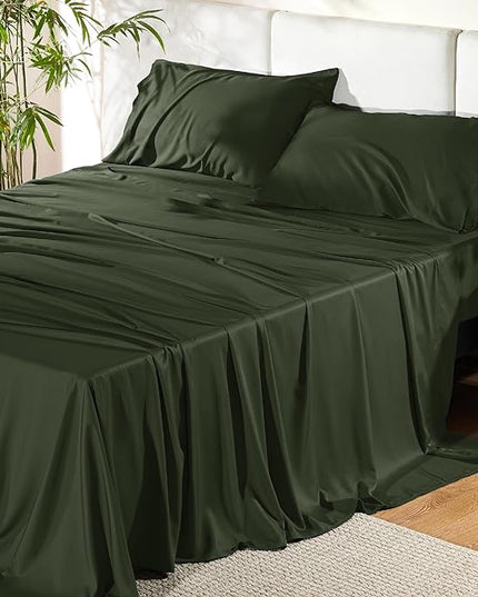 Bedsure Queen Sheets, Rayon Derived from Bamboo, Queen Cooling Sheet Set, Deep Pocket Up to 16", Breathable & Soft Bed Sheets, Hotel Luxury Silky Bedding Sheets & Pillowcases, Olive green - LeafyLoom