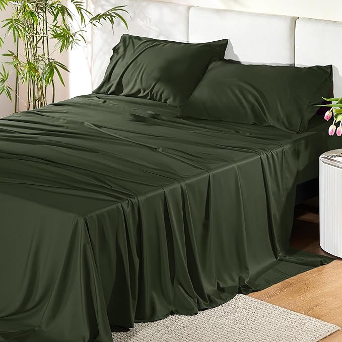 Bedsure Queen Sheets, Rayon Derived from Bamboo, Queen Cooling Sheet Set, Deep Pocket Up to 16", Breathable & Soft Bed Sheets, Hotel Luxury Silky Bedding Sheets & Pillowcases, Olive green - LeafyLoom