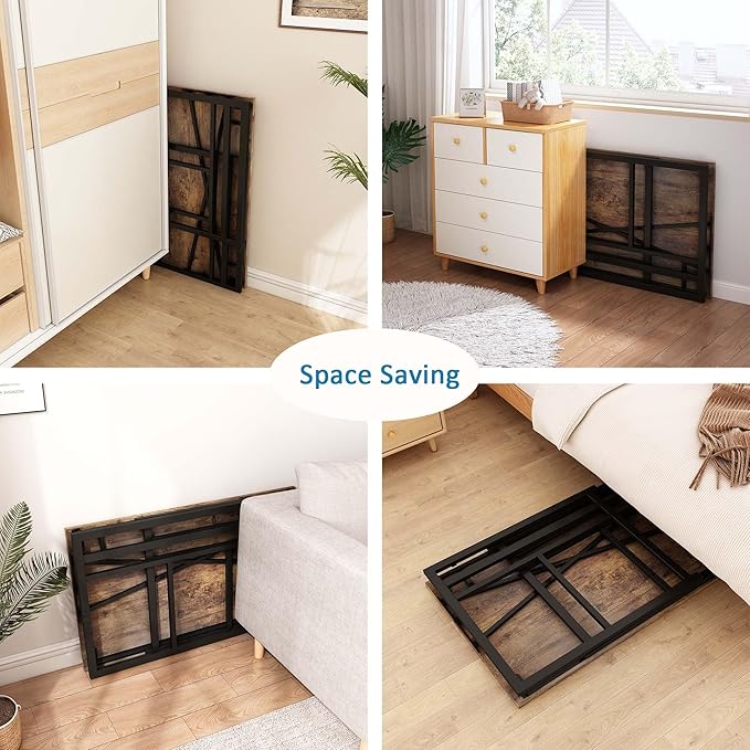 Folding Small Computer Desk, Foldable Space-Saving Home Office Table, Simple Study Writing Gaming Workstation for Small Space, No Assembly Needed, Rustic Brown - LeafyLoom