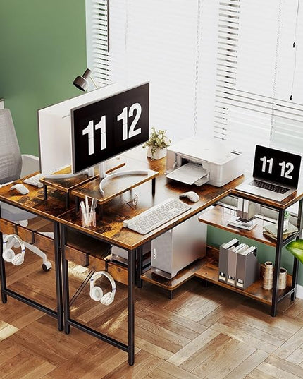 ODK 40 Inch Small L Shaped Computer Desk with Reversible Storage Shelves, Corner Desk with Monitor Stand for Small Space, Modern Simple Writing Study Table for Home Office, Rustic Brown - LeafyLoom
