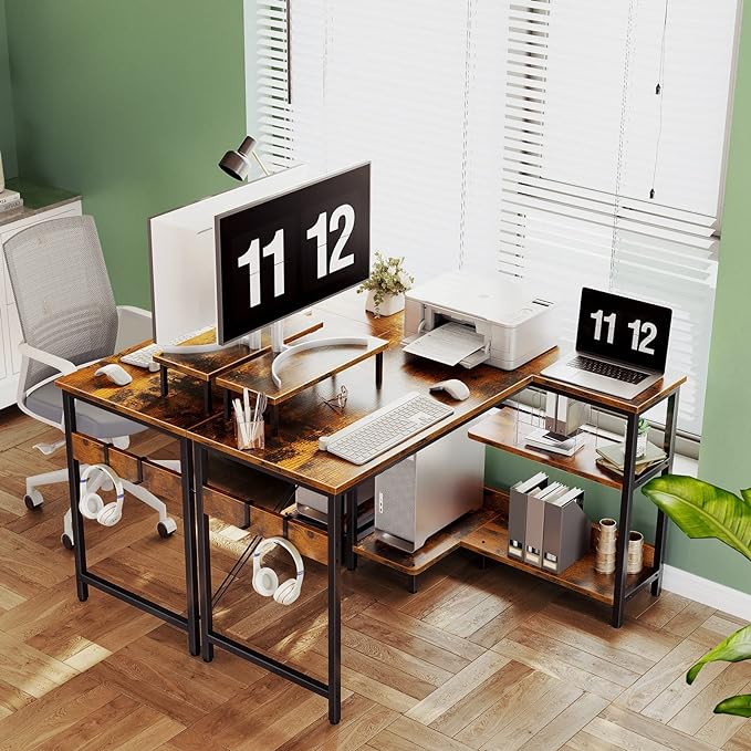 ODK 40 Inch Small L Shaped Computer Desk with Reversible Storage Shelves, Corner Desk with Monitor Stand for Small Space, Modern Simple Writing Study Table for Home Office, Rustic Brown - LeafyLoom