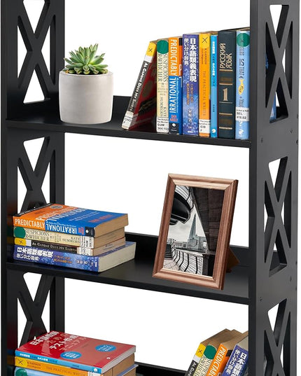 Black Bookshelf, Natural Wood Bookshelf, 4 Tier Bookcase, Open Bookshelf, bookshelves Freestanding Display Storage Shelves for Bedroom, Living Room and Office (Black) - LeafyLoom