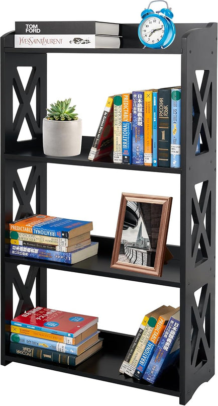 Black Bookshelf, Natural Wood Bookshelf, 4 Tier Bookcase, Open Bookshelf, bookshelves Freestanding Display Storage Shelves for Bedroom, Living Room and Office (Black) - LeafyLoom