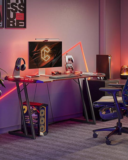 CubiCubi Gaming Desk with LED Lights, 47 Inch Z Shaped Gamer Desk, Home Game Computer Desk with Carbon Fiber Surface, Ergonomic Office PC Workstation with Cable Management, Black - LeafyLoom