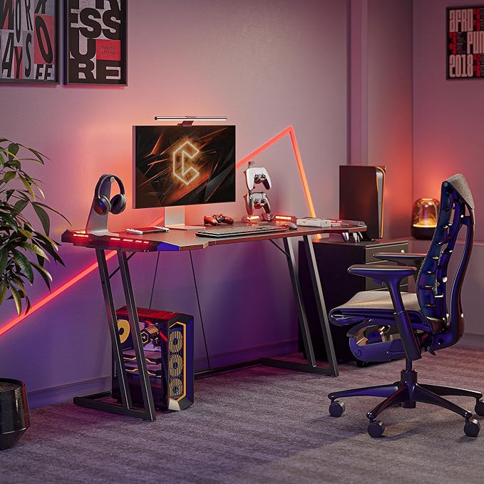 CubiCubi Gaming Desk with LED Lights, 55 Inch Z Shaped Gamer Desk, Home Game Computer Desk with Carbon Fiber Surface, Ergonomic Office PC Workstation with Cable Management, Black - LeafyLoom