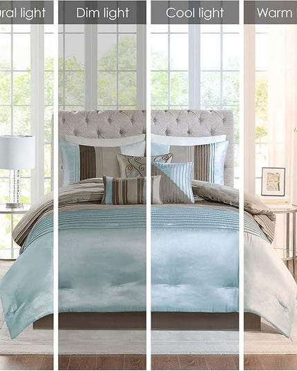 Madison Park Amherst Faux Silk Comforter Set-Casual Contemporary Design All Season Down Alternative Bedding, Matching Shams, Bedskirt, Decorative Pillows, King(104"x92"), Blue, 7 Piece (MP10-043) - LeafyLoom