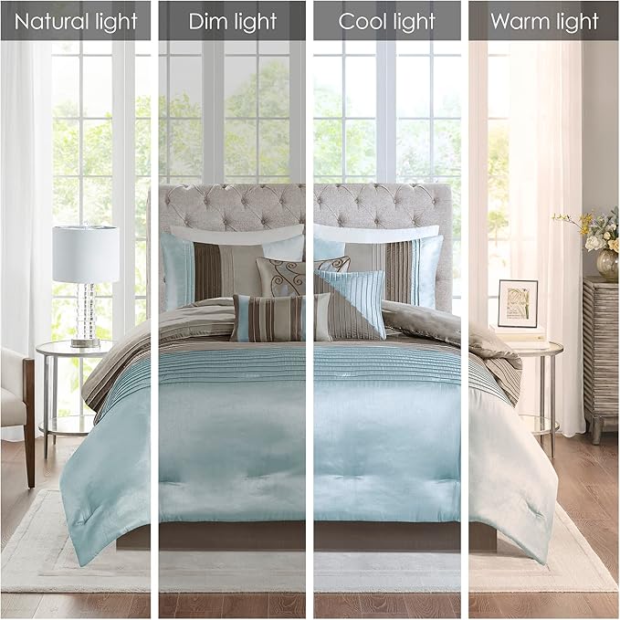 Madison Park Amherst Faux Silk Comforter Set-Casual Contemporary Design All Season Down Alternative Bedding, Matching Shams, Bedskirt, Decorative Pillows, King(104"x92"), Blue, 7 Piece (MP10-043) - LeafyLoom
