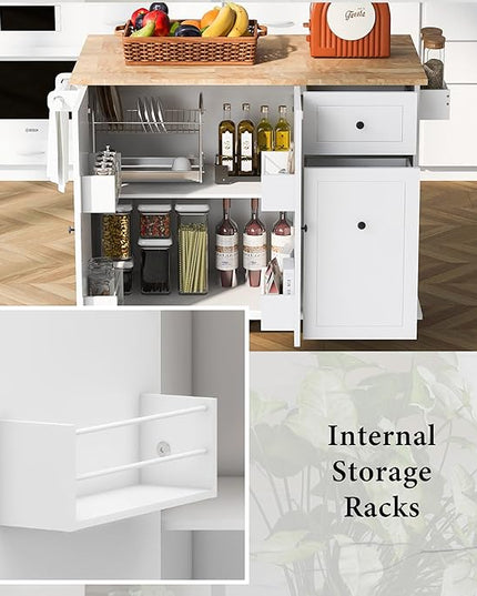 53.9" Drop Leaf, Rolling Island on Wheels w/Drawer and 3-Tier Pull Out Cabinet Organizer, Kitchen Storage Cart with Spice, Towel Rack, White, 53.94 Inch - LeafyLoom