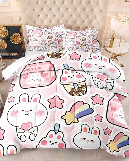 CVHOUSE Kawaii Bedding Full Size,Kawaii Rabbit Bedding Set for Girls Kids,Cute Rabbit Comforter Set Kawaii Rabbit Duvet Set Rabbit Pattren Quilt Set Girls Room Decor 3 Pieces - LeafyLoom